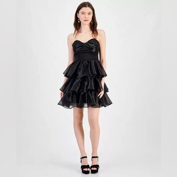NWT City Studios | Juniors' Strapless Black Organza-Ruffle Mini Dress 11/12 - Picture 1 of 14
